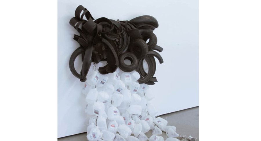 <i>OVER, the rainbow</i>, 2012, by Chakaia Booker (American, b. 1953); Rubber,
wood, and mixed media, 60 x 60 x 24 inches; Image courtesy
of the artist; © Chakaia Booker.