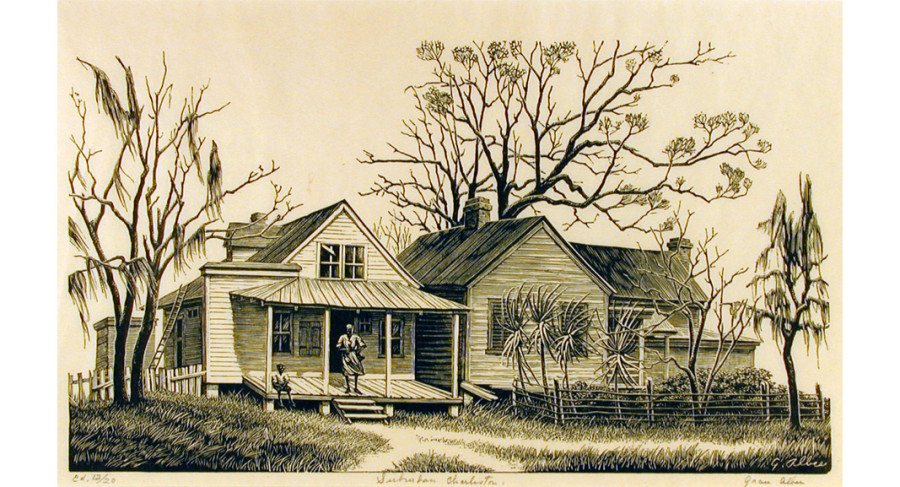 <i>Suburban Charleston</i>, ca. 1950, By Grace Albee (American, 1890—1985); Woodblock print on paper; 7 1/16 x 11 1/8 inches; Museum purchase; 1998.007.0002
