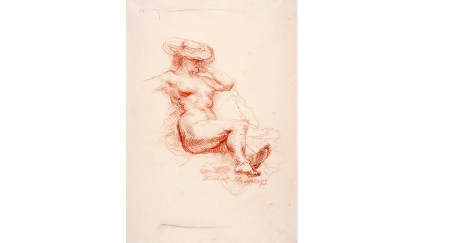 <i>Reclining Sunbather</i>, 1972, By Frank Mason (American, 1921—2009); Sepia on cream paper; 20 5/8 x 15 inches; Courtesy of the Estate of Frank Mason; D091
