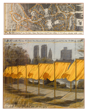 Christo: The Gates, Central Park, New York City, 1996, Collage in two parts, pencil, fabric, pastel, charcoal, wax crayon, and aerial photograph, © Christo 1996