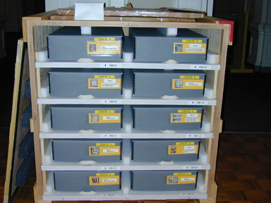 This crate was outfitted with archival boxes to transport quilts