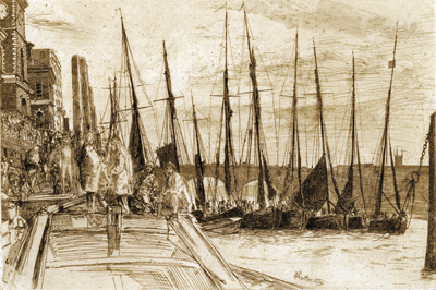 Billingsgate, 1859, by James McNeill Whistler (American, 1834 – 1903), etching on paper, gift of Dr. and Mrs. (Caroline) Anton Vreede, 2004.004.0007