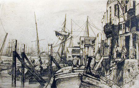 Limehouse, 1859, by James McNeill Whistler (American, 1834 – 1903). Etching on paper. Gibbes Museum of Art, Gift of Dr. and Mrs. Anton Vreede (2004.004.0003)
