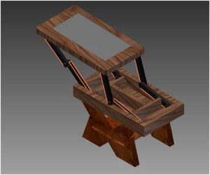 A digital image of the coffee table inspired by the visual arts student’s sketch and was created by an engineering student using the program Inventor.