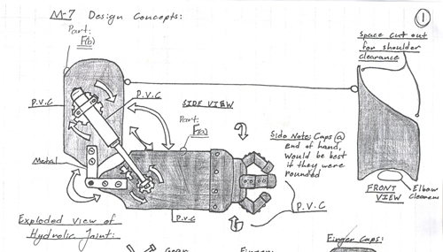 Detail from a mechanical drawing shows the design of a mechanical arm.
