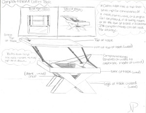This sketch illustrates a coffee table designed by a visual arts student.