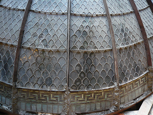 A view above the dome shows the ribs and cross bars that support the glass panels.
