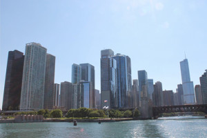 Chicago's spectacular skyline, seen from a guided cruise on the Chicago River.