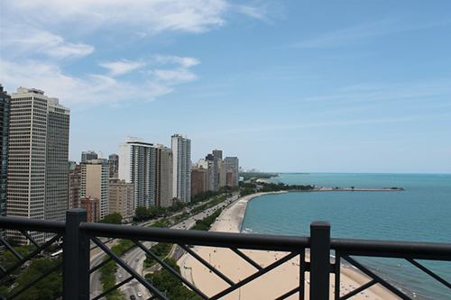A view of Lake Michigan from a rooftop garden of a private residence.