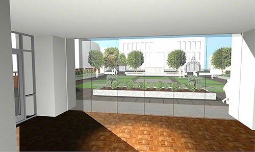 An architectural rendering of the Gibbes Courtyard as viewed from the first floor interior of the renovated museum.