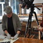Conservator and curator examine miniature portraits