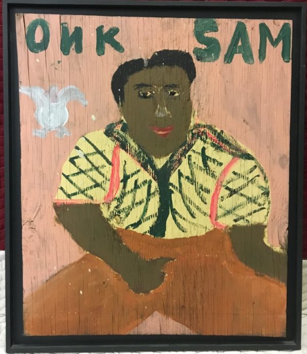Onk Sam (self-portrait), by Sam Doyle (American, 1906-1985); house paint on wood panel, 28 x 23 1/2 inches; Gift of Mr. and Mrs. Charles L. Wyrick, Jr.