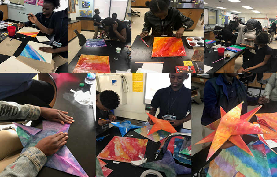 Through this "barn star" project, students studied watercolors, chemical reactions including absorption and saturation, the Japanese art form of origami, and astronomy. 