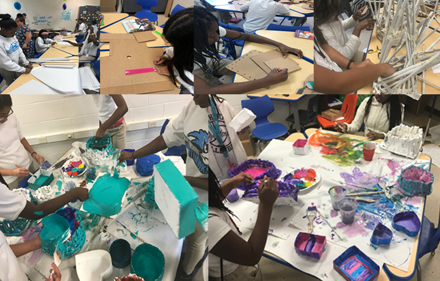 Students weaved and constructed nesting boxes, using ratios and proportions to ensure that each basket would fit inside one another, before decorating them with paint and various embellishments.