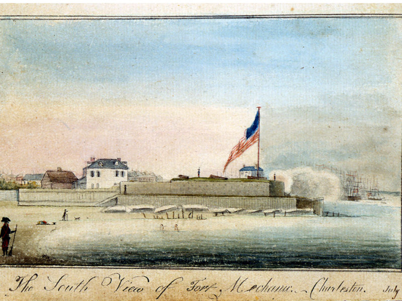 The South View of Fort Mechanic, Charleston, July 4th 1796, from untitled sketchbook, 1796 – 1805, 1796, by Charles Fraser (American, 1782 – 1860); Ink and watercolor on paper; 7 1/4 x 5 1/8 inches; Gift of Alice Ravenel Huger Smith; 1938.036.0013