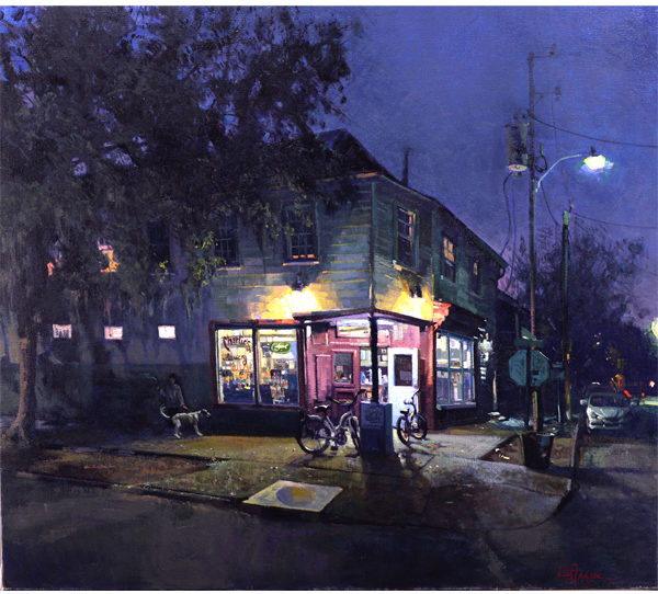 Charlie's at Night, 2018, By West Fraser (American, b. 1955); Oil on linen; 32 x 36 inches; Courtesy of a private collection