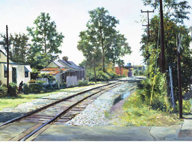 Line Street Railroad Crossing, 1991, By William McCulluough (American, b. 1948); Oil on canvas; 30 1/2 x 40 1/4 inches (framed); Museum purchase; 2001.025; Image courtesy of the Gibbes Museum of Art/Carolina Art Association