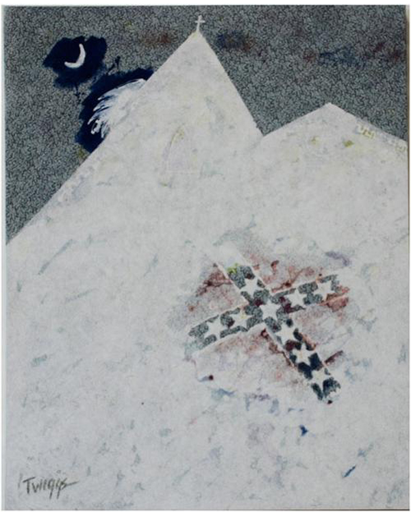 Requiem for Mother Emanuel #5, 2016, by Leo Twiggs (American, b. 1934), batik, 24 x 30 inches; On loan courtesy of Hugh T. Scogin, Jr. 