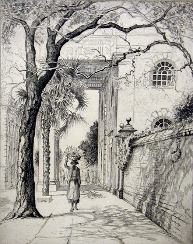 Elizabeth O'Neil Verner, In the Shadow of Saint Michaels, Charleston, ca. 1928, etching on paper, Gibbes Museum of Art (Works on Paper)