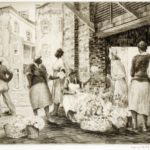 Alfred Hutty, Flower Vendors at Charleston Market, 1948, dry point on paper. (Gibbes Museum of Art)