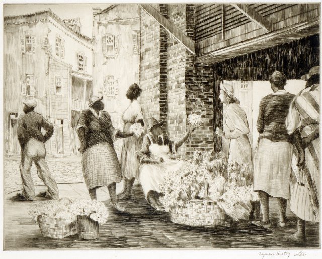 Alfred Hutty, Flower Vendors at Charleston Market, 1948, dry point on paper. (Gibbes Museum of Art)