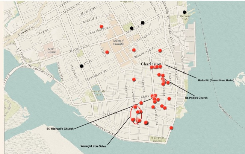 This screenshot from the digital mapping project plots in red the scenes of the Charleston peninsula displayed in works by the Charleston Renaissance artists in the Gibbes collection. All points link back to the online Gibbes collection. 
